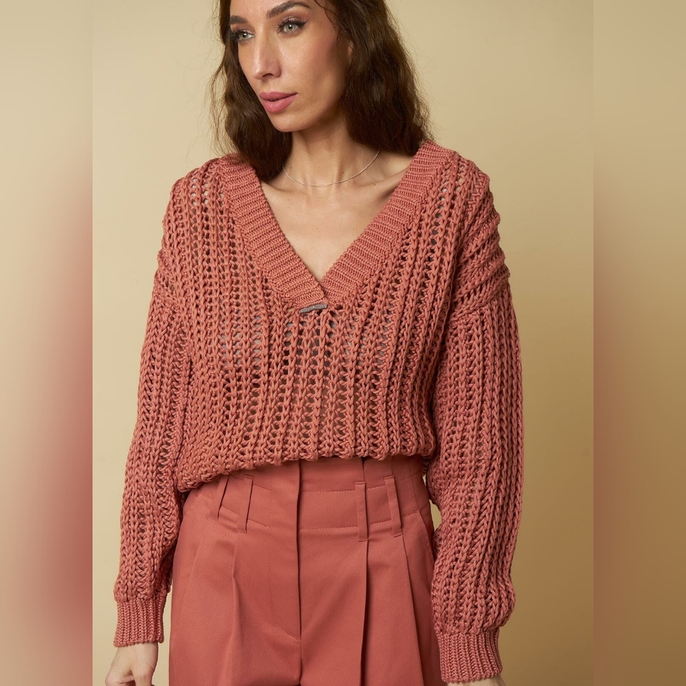V-neck Chunky Knit Sweater in Dusty Rose